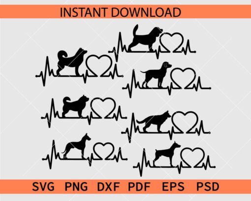 Dog Breeds Heart Rate Bundle Stencil SVG