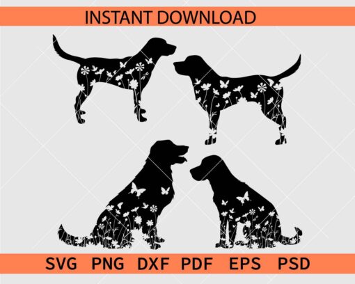 Floral Dog Silhouette Bundle SVG, Dog Flowers Bundle Stencil SVG