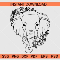 Floral Elephant Head Drawing SVG, Elephant Head Flowers Coloring Page SVG