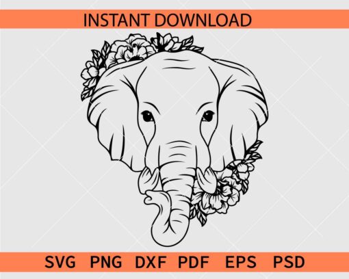 Floral Elephant Head Drawing SVG, Elephant Head Flowers Coloring Page SVG