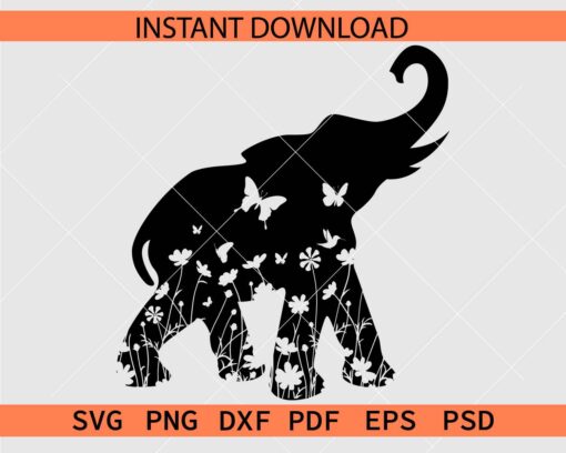 Floral Elephant Raising Trunk Silhouette SVG