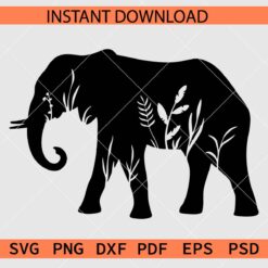 Floral Elephant Silhouette SVG, Flowery Elephant Clip Art SVG