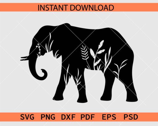 Floral Elephant Silhouette SVG, Flowery Elephant Clip Art SVG