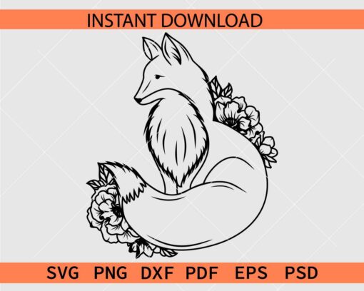 Floral Fox Coloring Page SVG, Floral Fox Clip Art SVG