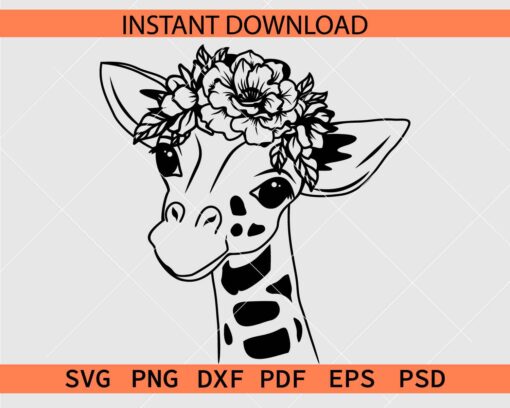 Floral Giraffe Head SVG, Baby Giraffe with Floral Crown SVG