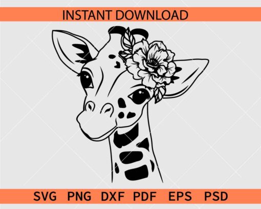 Floral Giraffe Head SVG, Giraffe with Crown flowers Vector SVG