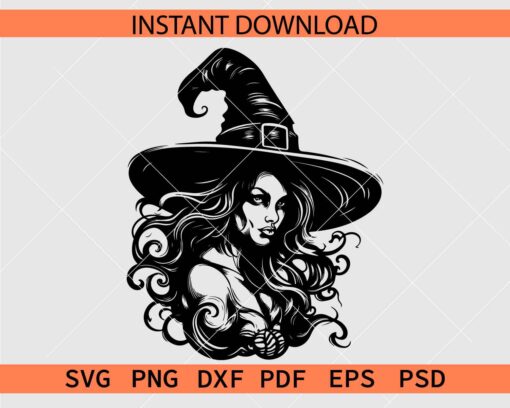 Floral Halloween Witch Silhouette SVG, Halloween Cute Witch with-Flowers SVG