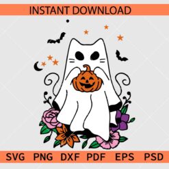 Floral Halloween ghost Vector SVG, Halloween Ghost Flowers Stencil SVG