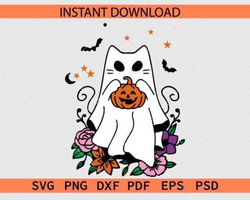 Floral Halloween ghost Vector SVG, Halloween Ghost Flowers Stencil SVG
