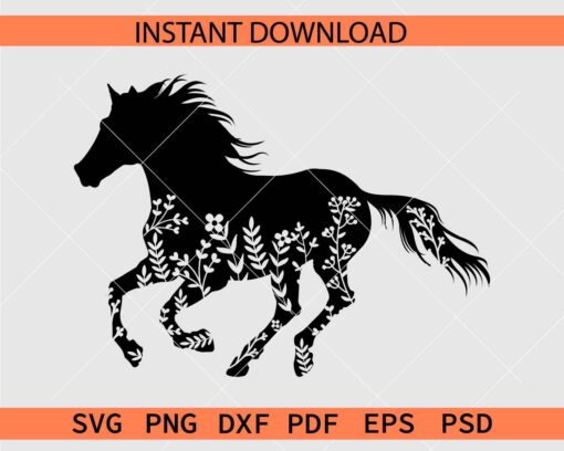 Floral Horse Running Silhouette SVG, Running Horse Flowers Clipart SVG
