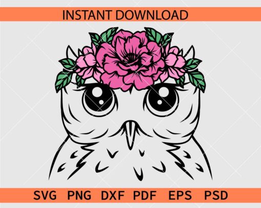 Floral Owl Head SVG, Owl Head with Floral Crown SVG