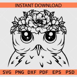 Floral Owl Head Vector SVG, Owl Head with Floral crown SVG