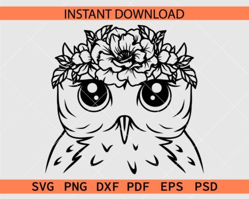 Floral Owl Head Vector SVG, Owl Head with Floral crown SVG
