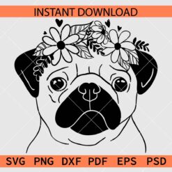 Floral Pug Head Clipart SVG, Pug Head with flowers crown SVG