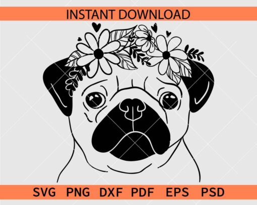 Floral Pug Head Clipart SVG, Pug Head with flowers crown SVG