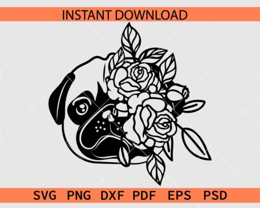 Floral Pug Head SVG, Pug Head Flowers on side SVG