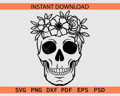 Floral Skull Crown SVG, Laughing Halloween Skull With Flowers Image