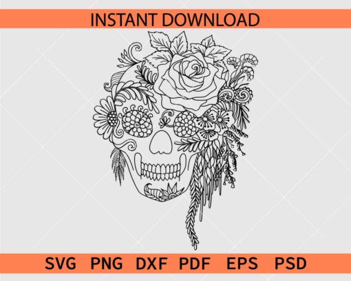 Floral Skull Sketch SVG, Floral Skull Coloring Page SVG