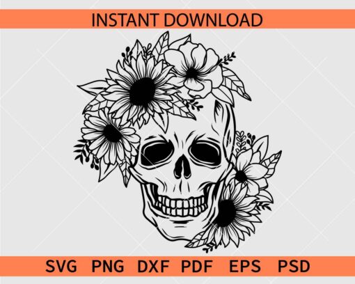 Floral Skull Stencil SVG, Halloween Skull with flowers Laughing SVG