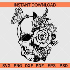 Floral Skull with Butterfly Vector SVG, Halloween Skull with flowers and butterfly Clipart SVG