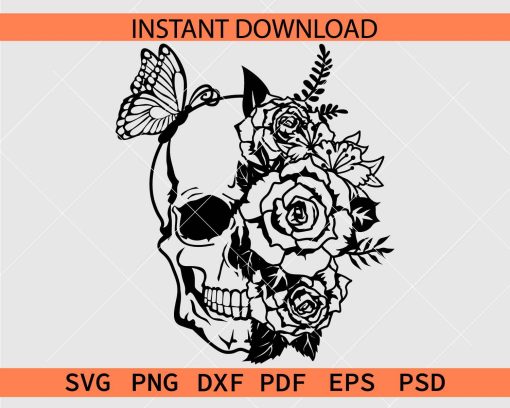 Floral Skull with Butterfly Vector SVG, Halloween Skull with flowers and butterfly Clipart SVG