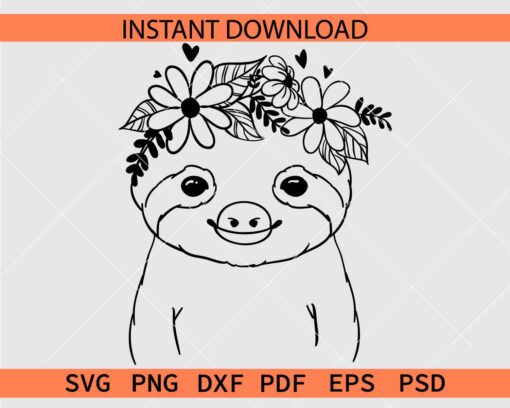 Floral Sloth Head Drawing SVG, Floral Sloth Head Décor SVG