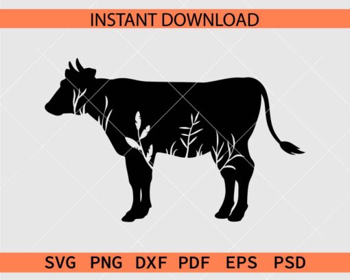 Floral cow Silhouette SVG, Cow Flowers Silhouette SVG