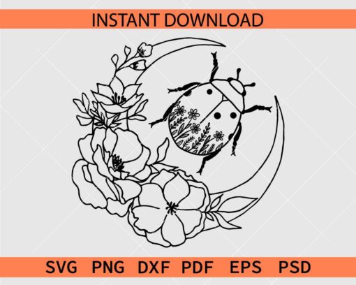 Floral ladybug inside Floral Crescent Moon SVG