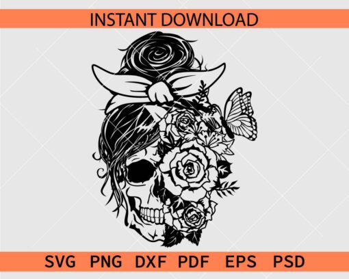 Floral skull with headband and butterfly SVG