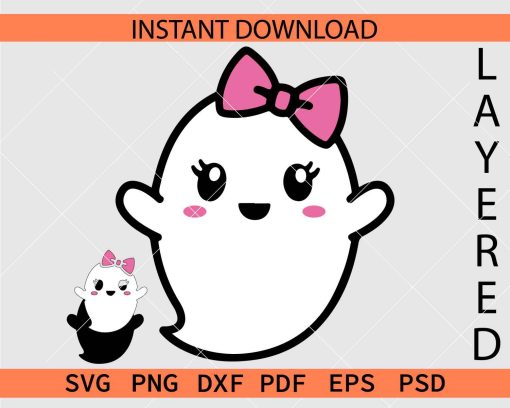 Ghost with Bow layered SVG, Baby Ghost with Bow Stencil SVG