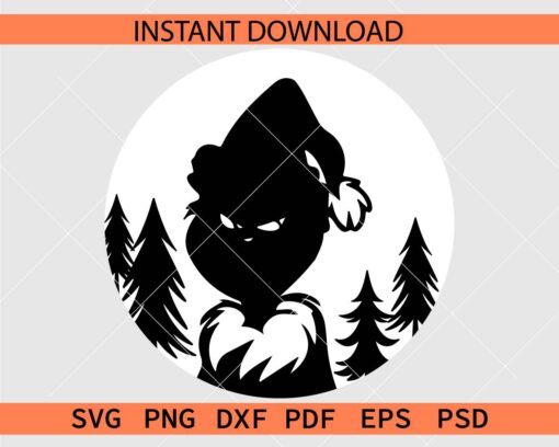 Grinch in pine trees silhouette SVG, Grinch with Santa Hat Silhouette SVG
