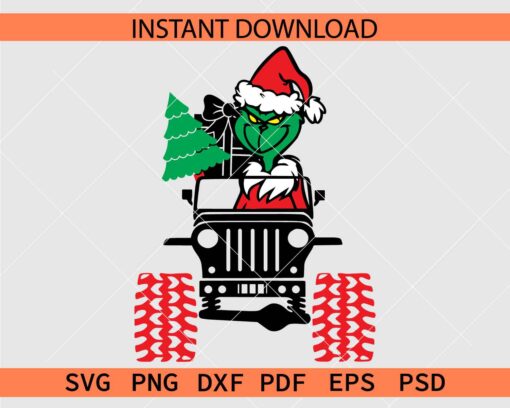 Grinch on Monster Jeep with Present Vector SVG, Santa Grinch on Monster Jeep Clipart SVG