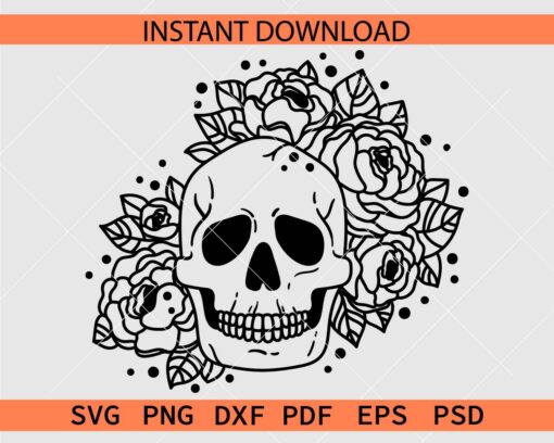 Halloween Floral Skull Vector SVG, Rose Flowers Skull Stencil SVG