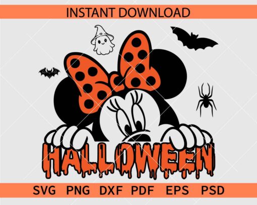 Halloween Minnie Peeking SVG, Minnie with Polka Dots Peeking Halloween Décor SVG