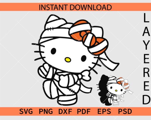 Halloween Mummy Hello Kitty Layered SVG, Mummy Kitten with Bow Clip Art SVG