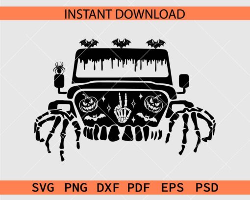 Halloween Offroad Front Car SVG, Halloween Jeep Front with Bats Clipart SVG