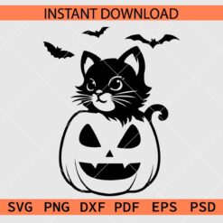 Halloween Pumpkin with Cat and bats SVG, Halloween Cat Pumpkin Clipart SVG