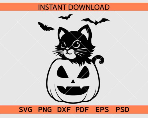 Halloween Pumpkin with Cat and bats SVG, Halloween Cat Pumpkin Clipart SVG