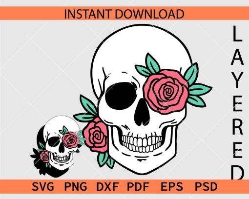 Halloween Skull with Colored Rose Flower Clipart SVG