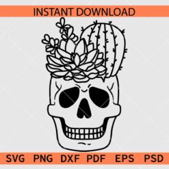 Halloween Skull with cactus crown Vector SVG, Cactus on Skull Stencil SVG
