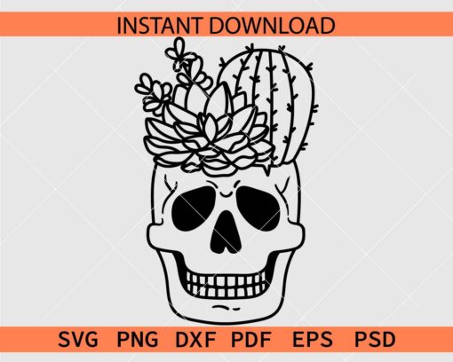 Halloween Skull with cactus crown Vector SVG, Cactus on Skull Stencil SVG