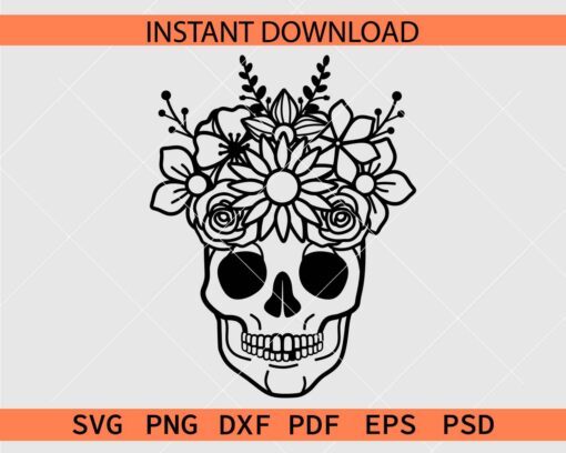 Halloween Skull with crown Flowers Illustration SVG