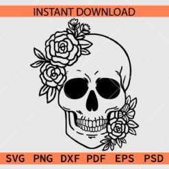 Halloween Skull with flowers on both sides SVG,  Floral Skull Coloring Page Clip Art SVG