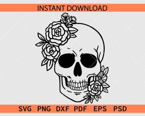 Halloween Skull with flowers on both sides SVG,  Floral Skull Coloring Page Clip Art SVG