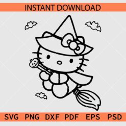 Halloween Witch Hello Kitty Riding Broom SVG, Hello Kitty Witch Riding Broom Outline Décor SVG