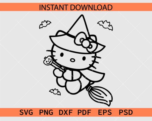 Halloween Witch Hello Kitty Riding Broom SVG, Hello Kitty Witch Riding Broom Outline Décor SVG