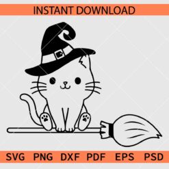 Halloween witch Cat Riding Broom SVG, Witch Cat with Broom Sketch SVG