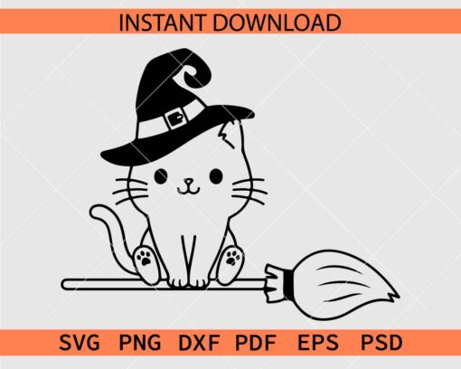 Halloween witch Cat Riding Broom SVG, Witch Cat with Broom Sketch SVG