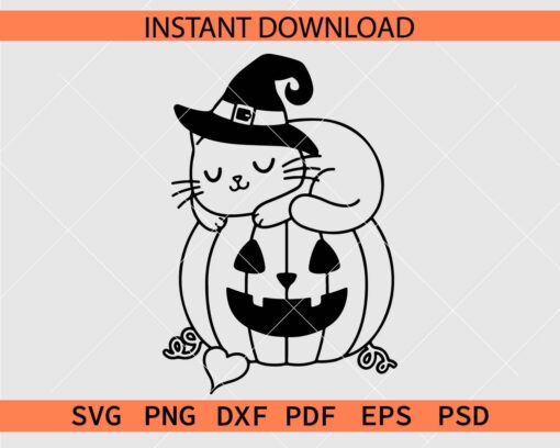 Halloween witch Cat Sleeping on Pumpkin SVG