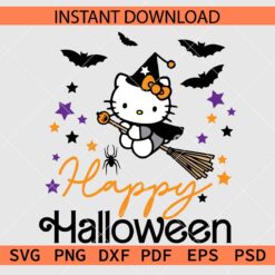 Happy Halloween Flying Kitty Ghost SVG, Hello Kitty with Witch Hat Riding Broom SVG